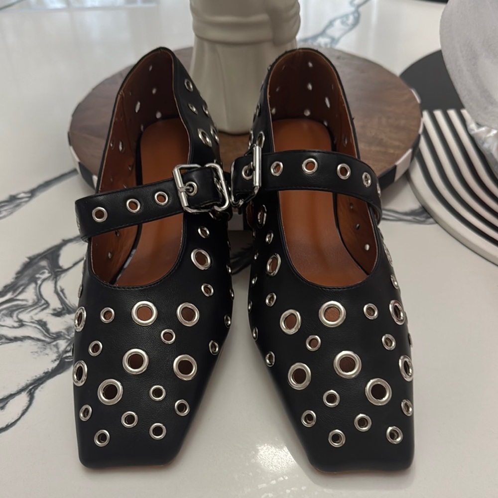 Black and Silver Mary Jane Flats with Edgy Details